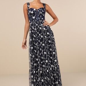 Lulus Gala Invite Navy Blue Embroidered Tulle Bustier Maxi Dress - Size XL